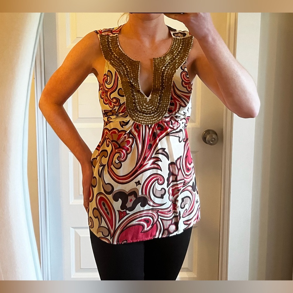 Akiko Coral, Beige, Brown Silk Blouse w/ Metallic Accent Neimann Marcus size S